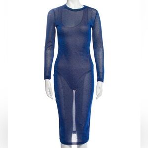 Cynthia Rowley Metallic Sheer Long-Sleeve Blue Midi Dress